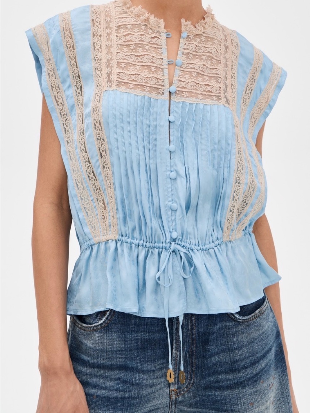 Sea New York Light Blue and Beige Lace and Silk Pleated Peplum Blouse